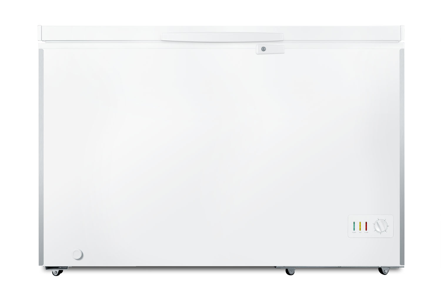 Commercially listed 12.1 cu.ft. manual defrost chest freezer in white with stainless steel corner guards and lock